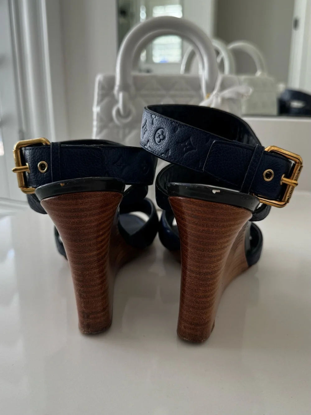 Louis Vuitton Navy Embossed Monogram Wedge Sandals